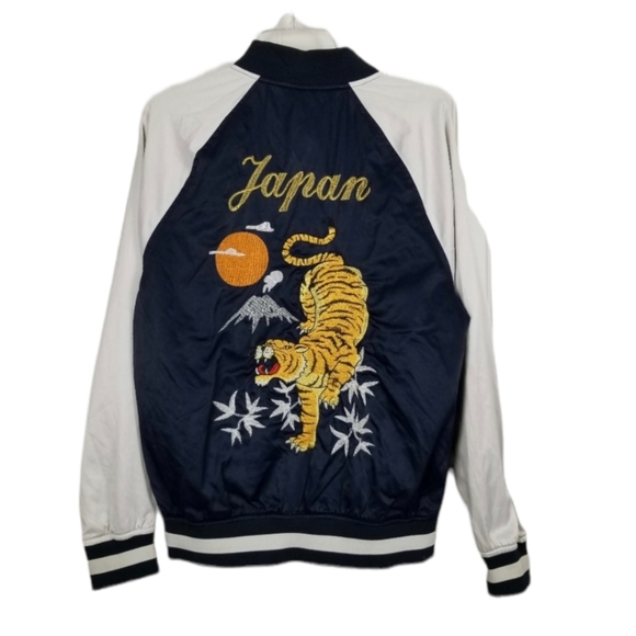 H&M Other - Satin Bomber Jacket Embroidered Tigers Two Sided Reglan Japan Zipper Scene Moon